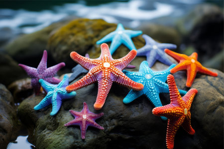 Vibrant Starfish: A Collection of Color on the Rockの素材
