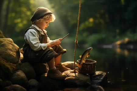 Tranquil Moments: A Young Boy's Serene Fishing Adventure by the Riverの素材