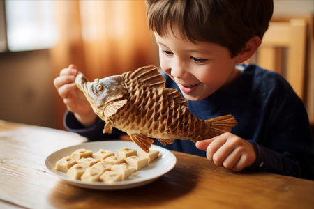 Cultural Fusion: A Caucasian Boy Embracing Japanese Tradition, Delighting in Taiyaki's Irresistible Fish-Shaped Sweetの素材