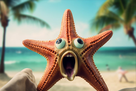 Enchanted Getaway: Captivating Woman Astonished by Exotic Green Starfish on Tropical Holiday - AR 3:2の素材