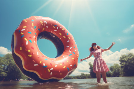 Summer Fun: Woman's Astonished Expression with an Inflatable Donutの素材
