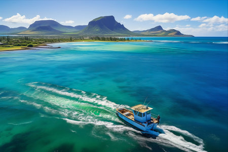 Boat Sailing through Picturesque Fish Farm in the Ocean Waters of Grand Sable, Mauritiusの素材