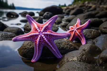 Race of the Vibrant Violet Starfish: A Captivating Scene Unfolds on a Rocky Shore - AR 3:2の素材