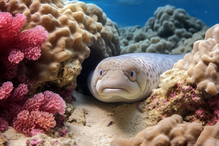 Mysterious Encounter: Unveiling the Shy Cloudy Moray Eel Concealed Beneath Coralの素材