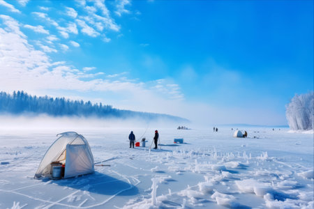 Winter Fishing on Ice: Tranquil Morning at Mozhayskoye Vodokhranilishche, Moscow Oblast, Russiaの素材
