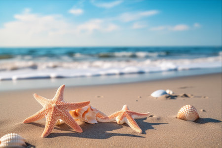 Captivating Starfish Seashells Glistening on the Sun-Kissed Shoreline - A Perfect 3:2 Momentの素材