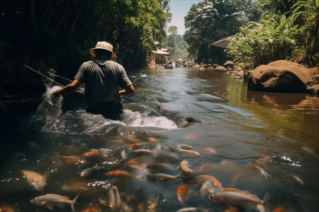 Fishing Paradise: Enjoying an Abundance of Fish in the Crystal-Clear Rivers of Yogyakarta, Indonesia (24 July 2022)の素材