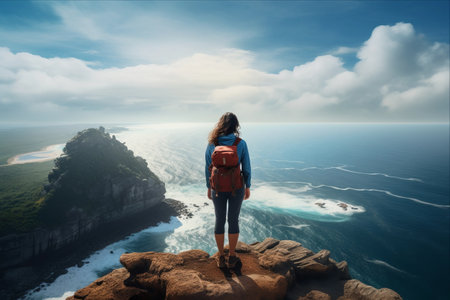 Embracing Freedom: A Backpacker Girl's Encounter with the Vast Oceanの素材
