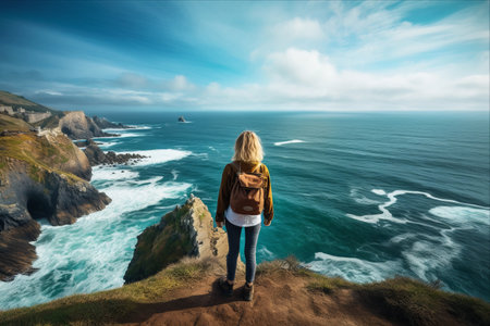 Enchanting Vistas: A Backpacker Girl Amidst the Vast Oceanの素材