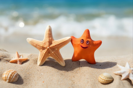 Serenity by the Shore: Twin Starfish Gracefully Resting on the Beach - AR 3:2の素材