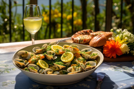Portuguese-Inspired Summer Delight: Cooked Clams and Shrimp with White Wine, Butter, Lemon, and Parsleyの素材