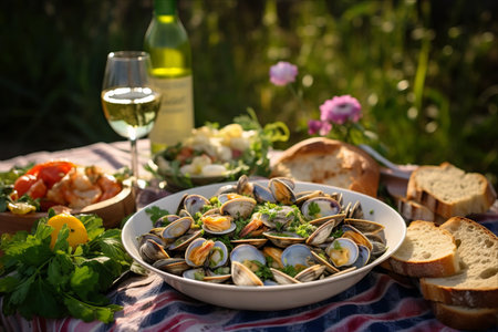 Portuguese Delight: Savory Clams and Shrimp in White Wine, Butter, Lemon, and Parsley - the Perfect Summer Lunch at Home!の素材