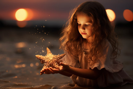 The Magical Encounter: A Little Girl and Her Starfish Adventure by the Seashoreの素材
