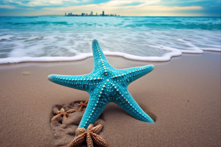 Stunning Blue Starfish: A Captivating Sight on the Sandy Coastの素材