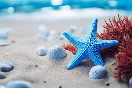 Serenity by the Seashore: Captivating Blue Starfish Along the Sandy Coastの素材