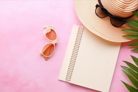 Planning Your Dream Beach Vacation: The Perfect Accessories and Notebook on a Vibrant Pink Background!の素材