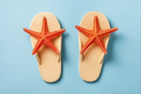 Sandy Essentials: Mesmerizing Mock-up of Beach Accessories - Flip Flops, Starfish, and a Vibrant Coloured Backgroundの素材