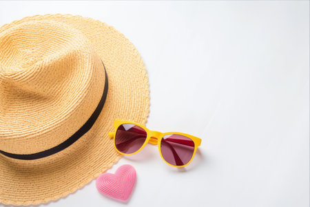 Sun-Safe Beach Essentials: Stylish Yellow Straw Hat and Pink Heart-Shaped Glasses for Kids. Stunning Layout for Text. Perfect for Travel and Fun-filled Beach Vacations!の素材