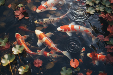 Majestic Koi Carp Gliding in a Tranquil Vietnamese Pondの素材
