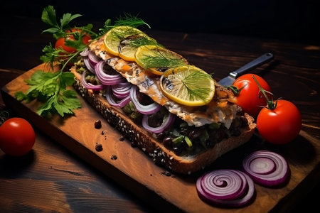 Delicious Nordic Delight: Savory SmÃ¸rrebrÃ¸d with Norwegian Herring, Fresh Lettuce, Blue Onion, Zesty Lemon, and Ripe Tomato on Rustic Wooden Boardの素材