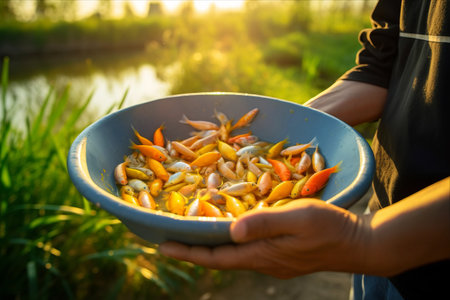 Fostering Healthy Fish: Aquaculture Farmers Hand-Feed Nutrient-rich Food in Local Agriculture Farmlandの素材