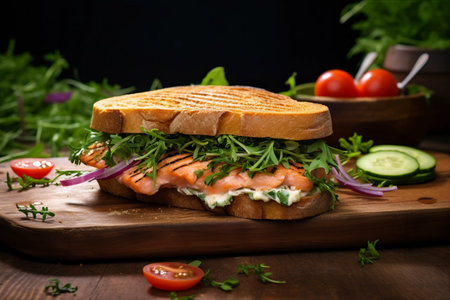 Delectable Salmon Sandwich on White - Enhanced with Green Salad and Fresh Tomatoes (Aspect Ratio: 3:2)の素材