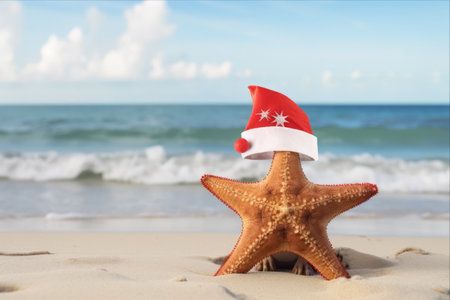 Whimsical Maritime Christmas: A Starfish Sporting a Santa Claus Hat!の素材