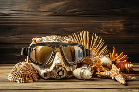 Coastal Chic: Seashells, Diving Mask, and Nautical Charms Adorn a Rustic Wooden Tableの素材