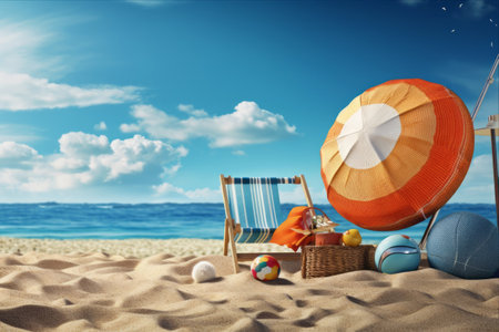 Sunny Summer Days: Beach Ball Fun with Necklace, Rackets, and Parasol Along the Sea (AR 3:2)の素材