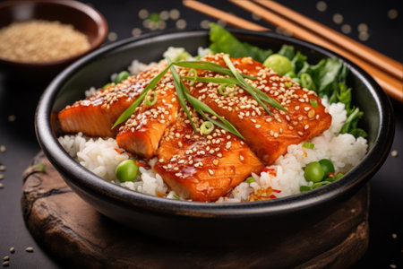 Savory Asian Delight: Tempting Fried Salmon with Rice, Veggies, and Sesame Seeds. A Mouthwatering Front View Against a Stunning Natural Backdrop! --AR 3:2の素材