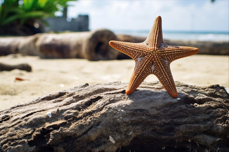 Nature's Surprise: A Starfish Perched on a Beachside Tree Trunkの素材