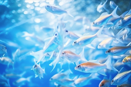 Immersed in the Enigmatic Depths: Blurred Blue Aquarium Abstract featuring Glimpses of Gaussed Sea Fishの素材