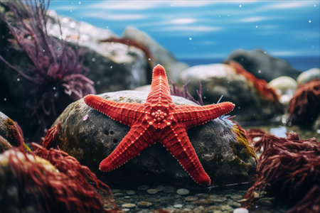 Majestic Encounter: A Deep Red Starfish Amidst Vibrant Algae on the Seabedの素材