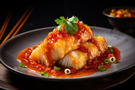 Indulge in Crispy Deep Fried Blacktip Grouper with a Sweet Chili Sauce Drizzle on a Plateの素材