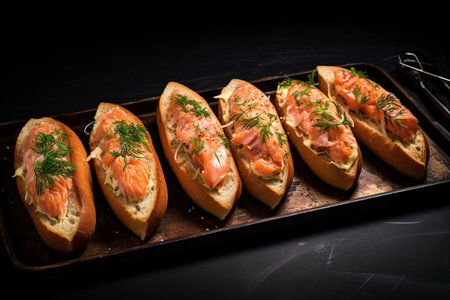 Savor the Delight of a Gourmet Pink Salmon Baguette Sandwich: A Close-Up Experience with Five Slices, Pickles, Butter, and a Touch of Lightの素材