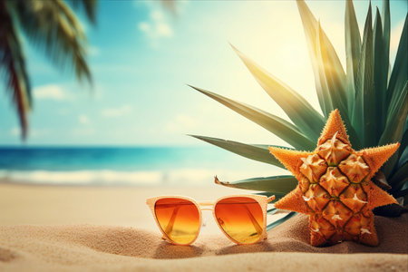 Sunny Delights: Embracing the Beach Vibes with Pineapple, Sunglasses, Starfish, and Palm Leaves on a Sandy 3:2 Summer Holiday Backgroundの素材