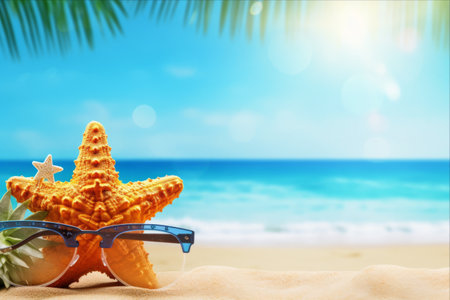 Tropical Delight: A Vibrant Beach Summer Background with Pineapple, Sunglasses, Starfish, and Palm Leaves on a Sandy Beach (AR 3:2)の素材