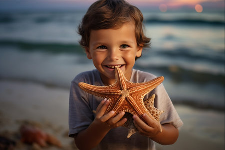 A Glimmer of Hope: A Little Boy's Starfish Encounter on the Beachの素材