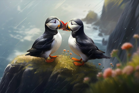 Gazing into the Souls of Atlantic Puffins: Mesmerizing Eye Contact Captured in 3:2の素材