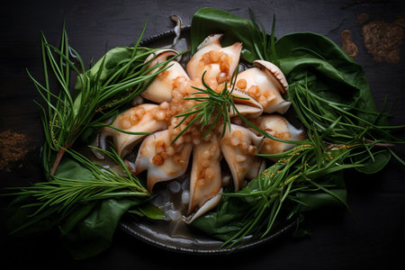 Savory Delight: Fresh Squid Enhanced with Pine Leaves -ar 3:2の素材
