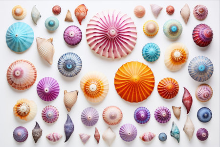 Exquisite Spectrum of Vibrant Seashells on a Pristine White Canvasの素材