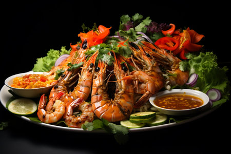 Indulge in the Irresistible Flavors of Sangwa Pla Dook Foo: Authentic Thai Grilled Shrimp Salad with Traditional Herbs, Served with Crispy Fluffy Catfish and Seasonal Vegetables - AR 3:2の素材