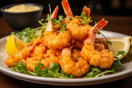 Sizzling Delights: Crispy Fried Shrimp Bedazzled with Micro Greens and Zesty Lemon!の素材