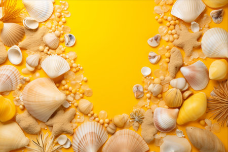 Seaside Splendor: Captivating Sea Accessories, Seashells, Pebbles, and Swimsuit against a Vibrant Yellow Backgroundの素材