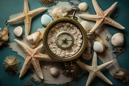 Nautical Harmony: A Stunning 3:2 Sea Composition Featuring Shells and a Vintage Compassの素材