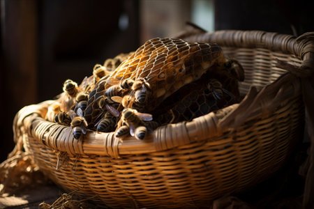 Unveiling the Timeless Wonder: A Captivating Close-Up of an Ancient Beehive in a Wicker Basketの素材