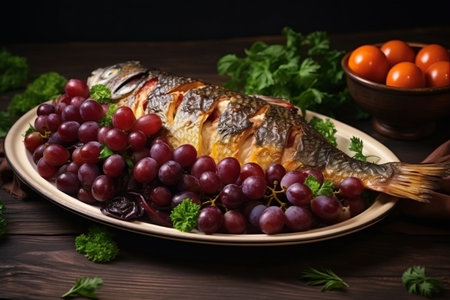 Gourmet Delight: Baked Carp Infused with Grapes and Herbs, Served on a Rustic Ceramic Platter. A Captivating Top View!の素材