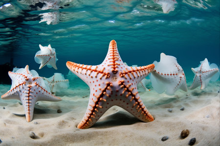 Marvels of the Caribbean: A Colorful Gathering of Starfish Beneath the Seaの素材