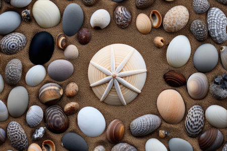 Glimpses of Tranquility: Discovering Beautiful Seashells and Pebbles on the Sandの素材