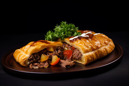Delectable VAK-Belyash: A Savory Meat and Potato Baked Pie, Presented on a Contrastingly Dark Plate, against an Isolated White Backgroundの素材